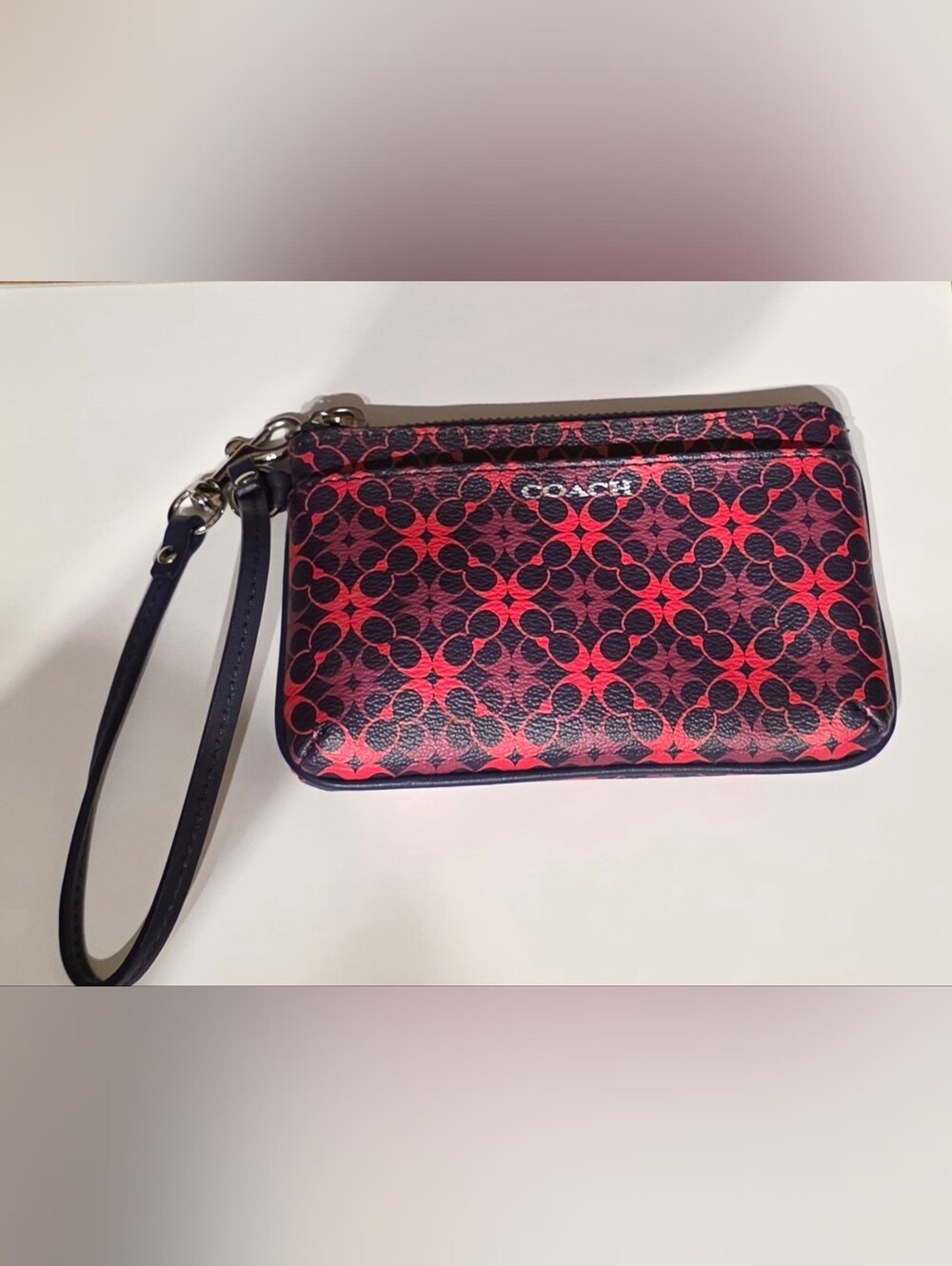Coach PINK PURPLE NAVY Signature Pattern Wristlet with Silver Accent